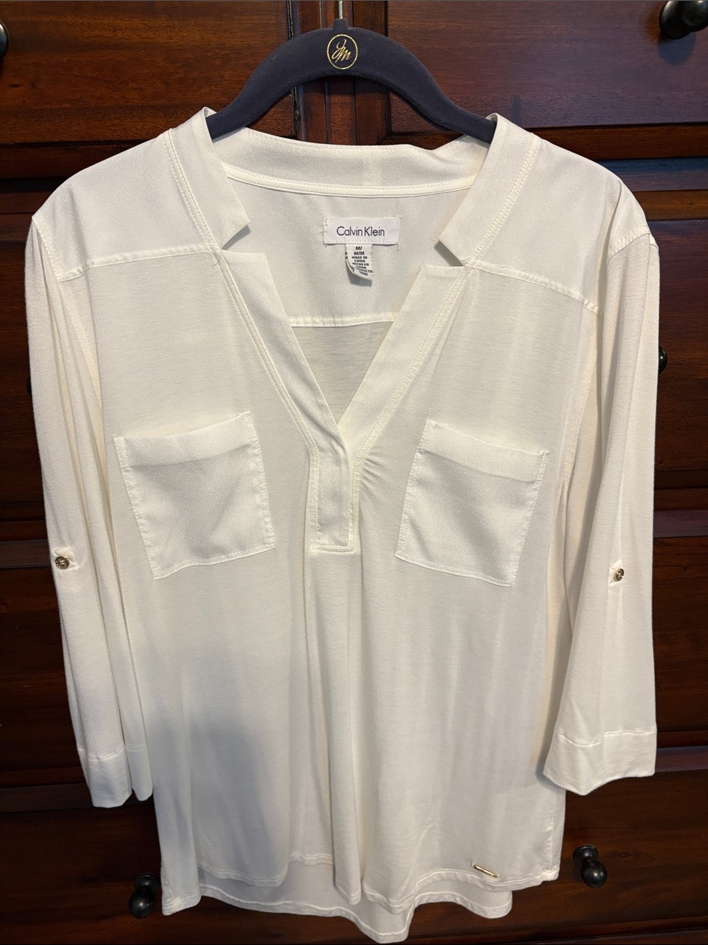 Calvin Klein Women's White  V-Neck Utility Pocket Blouse NWOT